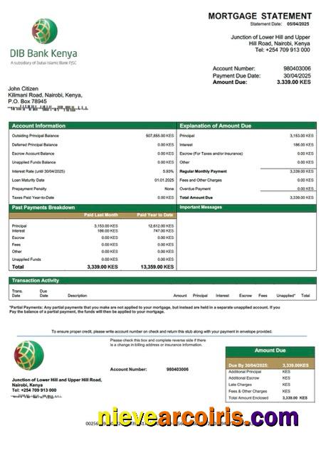 Kenya DIB Bank Kenya mortgage statement Word and PDF template
